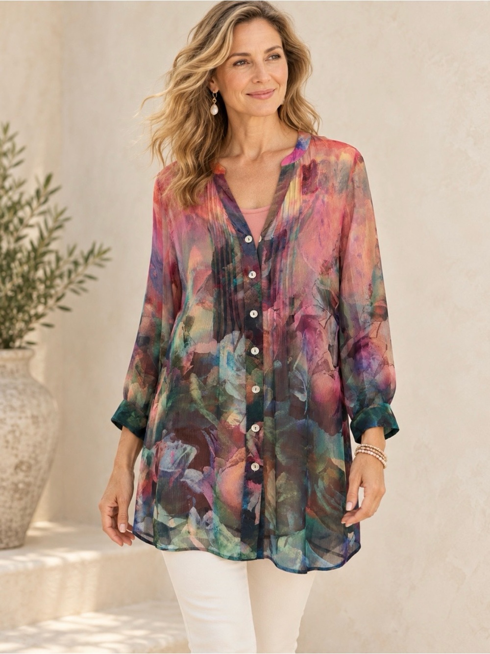 Soft Surroundings Watercolor Floral Cupro Tunic Blouse with Cami Size M
